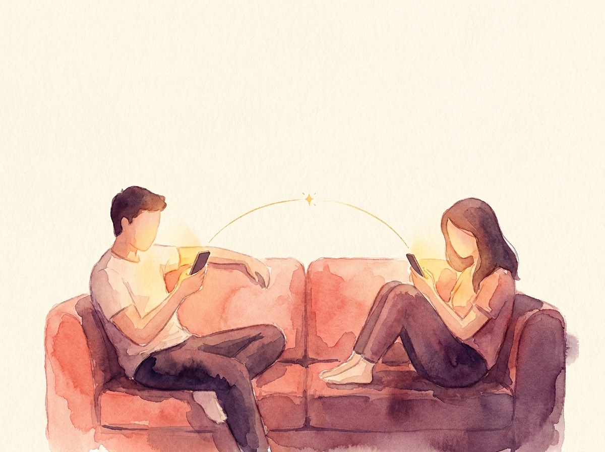 A couple on a sofa, a thread of light between their phones