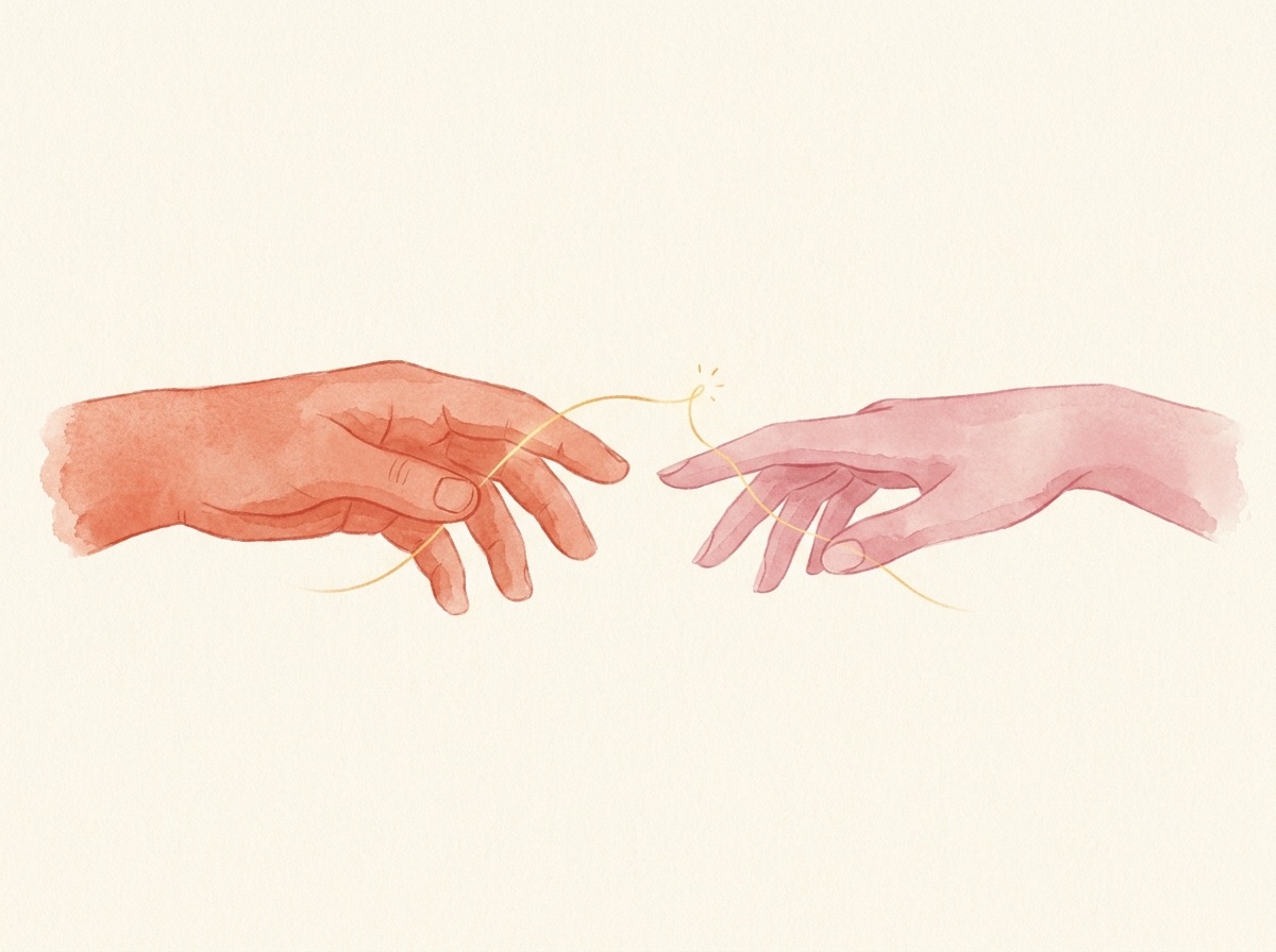 Two hands reaching toward each other, a golden thread between them