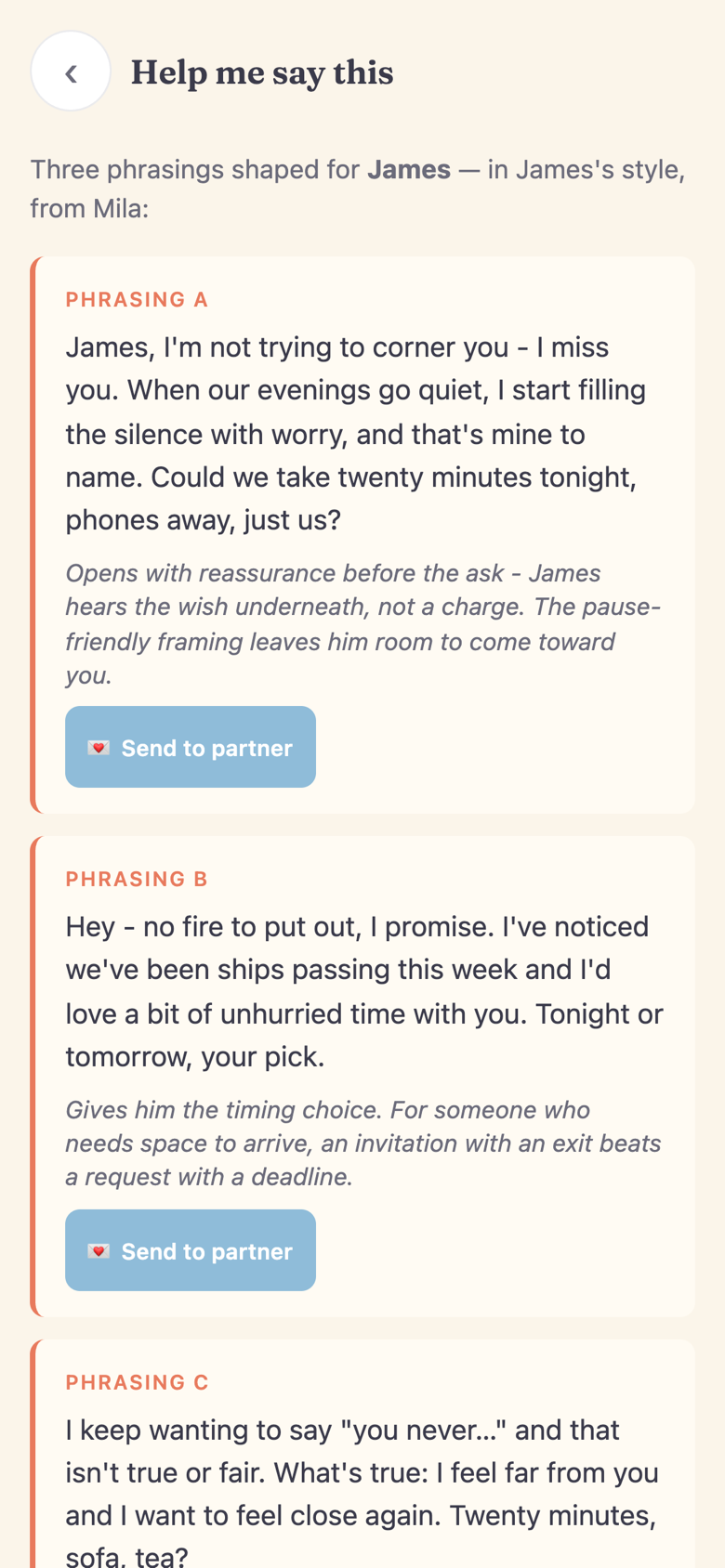 Iskra translator output - three phrasings shaped for a partner